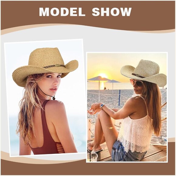 Straw Cowboy Hat Unisex Wide Brim Cowgirl Beach Sun Hat Holiday - Picture 6 of 6